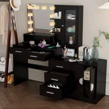 Makeup Vanity With 4 DrawersandCharging Station Vanity Table Desk With 3 Color Light Dressing Table W/ 2 Door Cabinet For Girls And Women Black