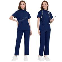 1 Conjunto Roupa de Mulher Manga Curta com Zíper Gola Alta, Uniforme de Serviço Feito de Tecido de Poliéster Fosco, Uniforme de Enfermagem de Ajuste Folgado Adequado para Trabalho Hospitalar