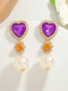 Pendientes de aro con forma de corazón con Rhinestones y perlas falsas, un accesorio de lujo elegante para mujer. Pendientes de Charm francés, accesorios de fiesta y diarios para damas, joyería de moda, regalos para mejores amigas