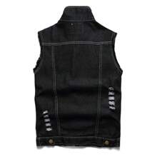 Men's Denim Vest Sleeveless Jacket Slim Fit Vintage Casual Ripped Summer Jean Vest For Men - 黑色 - 查看 2