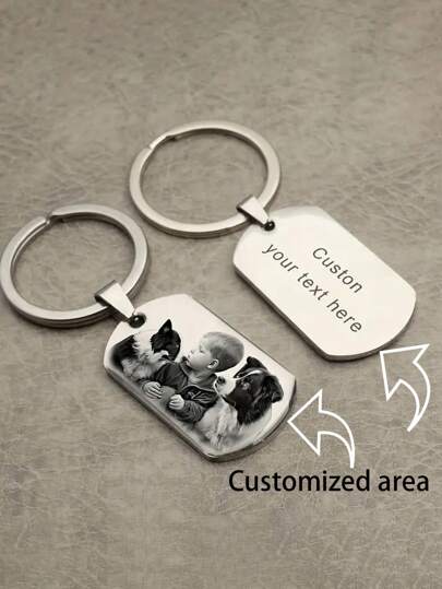 1 pièce Porte-clés personnalisé avec photo et texte gravés - Étiquette d'identité en alliage noir avec ornement en forme de cœur - Cadeau idéal pour les hommes, les petits amis et la famille - Cadeau de Noël unique, cadeau pour chien, accessoires vestimentaires, automne chic, petit ami, petite amie, famille, amis