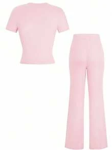 Conjunto de dos piezas de ropa deportiva casual diaria de unicolor de manga corta y cuello redondo, pantalones rectos delgados y largos para mujer en otoño Y2K