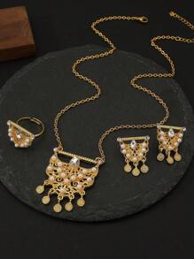 4 pièces/set Collier pendentif à franges avec perle zirconium forme goutte d'eau, boucles d'oreilles et bague assortis, au Moyen-Orient, convient pour les mariées, les bijoux de mariage, les cadeaux de fête