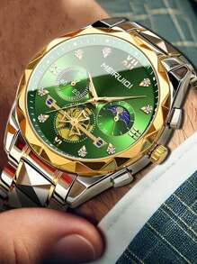 1 reloj de pulsera de cuarzo multifuncional con correa de acero en tono dorado para hombre, con diamantes luminosos, informal y de negocios