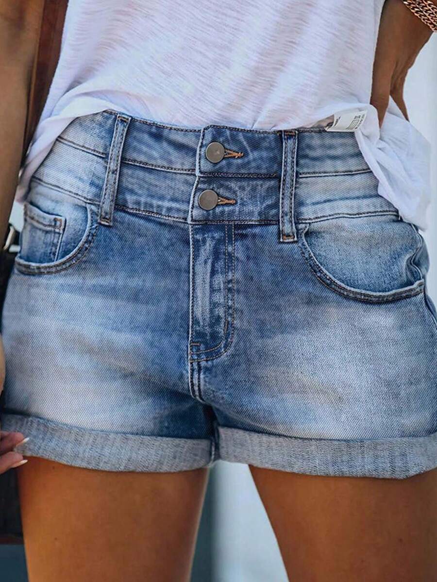 American Style Skinny Commuter Frayed Hem Stretchy Mid-Waist Women's Denim Shorts Women's Casual Hotpants - Medium Wash - View 1
