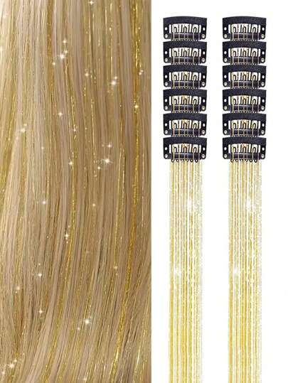 12Pcs Hair Tinsel Clip In 20Inch Fashion Glitter Tinsel Synthetic Straight Hair Extensions Clip In Hair Tinsel Kit Heat Resistant Shiny Sparkle Fairy Hair Accessories For Women (Silver)