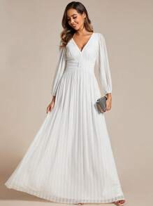 Elegant V Neck Ruched Waist Lantern Sleeves Formal Dress For Bridal Shower Single Party Formal Dress For Bride Little White Dress - White - View 3