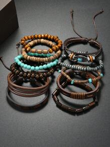 11 pièces Bracelet vintage en turquoise, en PU perles en bois, métal fait main tressé, parure de bijoux de décoration empilable unisexe, sans boîte