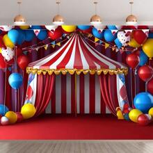 1 pieza Carpa de carnaval, con estrellas brillantes, globos vívidos y temática de payaso. Ideal para decoración del hogar, celebraciones de cumpleaños y aniversarios. Este fondo de fotografía versátil se puede reutilizar tanto en exteriores como en interiores.
