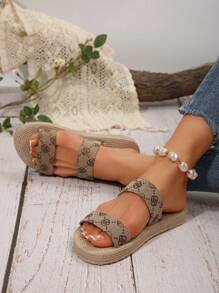 Plus Size Women's Vintage Floral Flat Strap Platform Sandals, Soft Outsole Beach Slippers, Niche Roman Style Sandals