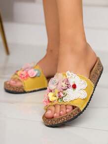 Women's Slippers With Fabric Flowers InOsosi- Footwear - Yellow - View 11