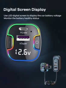 REMAX 120W 5口车载充电器，带电压显示、3个USB-C输出口和2个Type-C输出口、超快充电、氛围灯、1.5米延长线、防震、多重充电保护，兼容安卓手机等多种设备，旅行必备配件 - 黑色 - 查看 7