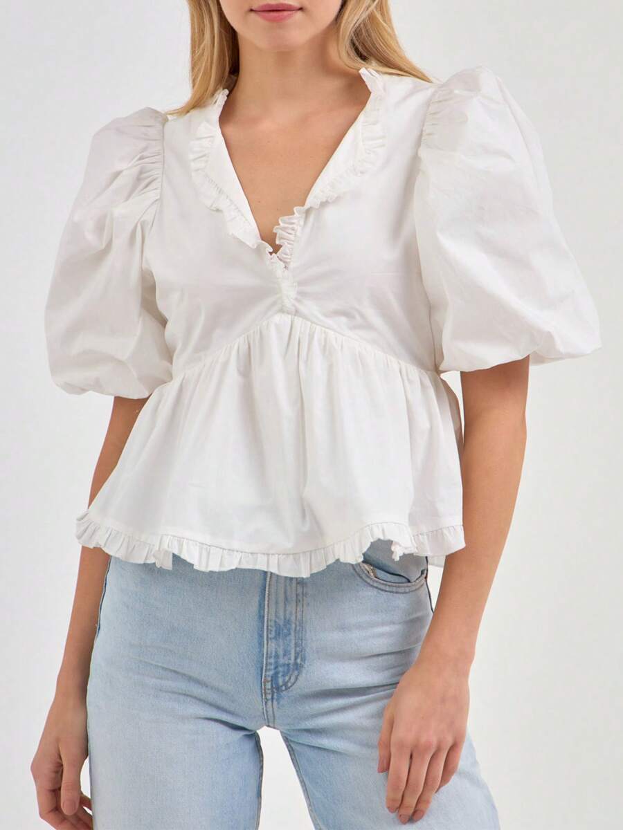 Womens Puff Sleeve Peplum Tops Frill V Neck Solid Color Loose Shirts Spring Fall Blouses - White - View 1