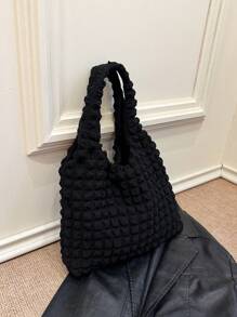 韩版荷叶边雪纺腋下包新款纯色单肩包大容量百褶手提包休闲手提包 - 黑色 - 查看 4