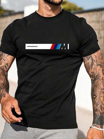 Herrtopp med rund hals och blå- och rödrandig figurtryck för Y2K, enkel och avslappnad t-shirt lämplig för vardagsbruk och utflykter, perfekt för studenter