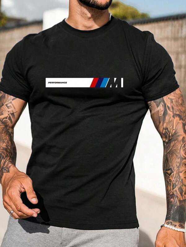 Men's Round Neck Y2K Blue & Red Striped Figure Print Simple Casual Top, Tee Suitable For Daily Wear And Outings, Ideal For Students