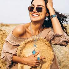 Western Jewelry For Women Bohemian Turquoise Jewelry Set Turquoise Pendant Choker Necklace Turquoise Faux Leather Cuff Bracelet Turquoise Hoop Dangle Earrings Turquoise Joint Knuckle Rings