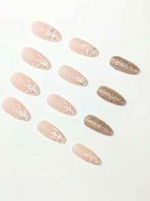 24 件简约杏仁形闪光叶指甲贴 + 果冻凝胶 + 抛光垫按压式指甲美甲用品指甲