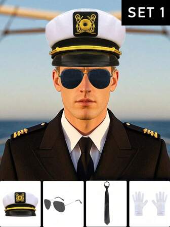 服装套装：海军上尉帽、白帽、复古平顶军帽、领带、眼镜、手套、套装、圆顶、游艇装、派对、活动、舞台表演、礼物、万圣节、情人节、礼物、夏季、派对服装、多功能、性感装束、派对用品、服装配饰套装、适用于活动、派对、海滩、度假、海滩和日常穿着