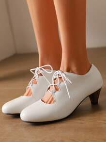 White Ballet Leather Lace-Up Flats, Minimalist Design Women Shoes - White - View 3