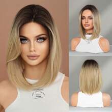 PIAOYUN Mini Lace Farbverlauf Blonde Bob Perücke für Frauen, kurzes glattes Haar, natürlich aussehende Perücke mit dunklen Wurzeln, Kunsthaarperücke ohne Kleber, hochwertige 2 * 0,5 U-Teil kleine synthetische Lace Front Perücke für den täglichen Gebrauch, 14 Zoll