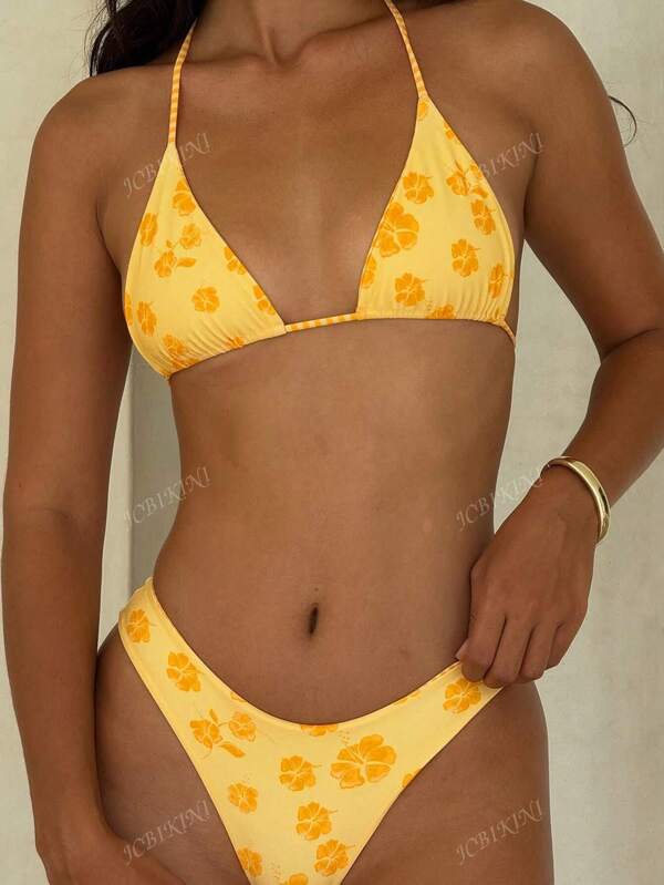 New Soft Fabric Printed Halter Tie Bikini Set, Elegant Sexy Women Beachwear, Summer Beach Fashion Swimwear