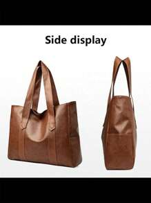 1pc Fashionable High-End Solid Color PU Leather Tote Bag, Suitable For Work Commute Or Daily Use, Handheld Or Shoulder Carry - Brown - View 4