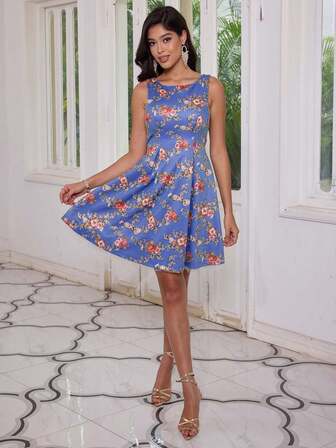 ANGEL FASHIONS Women's Elegant Summer Dress, Round Neck Embroidered Floral A-Line Ruffle Hem Navy Blue Vintage Mini Skirt With Belt, Wedding Guest Formal Bridesmaid Dress