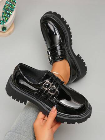 春季新款英伦风黑色厚底牛津女鞋，系带厚底复古休闲乐福鞋