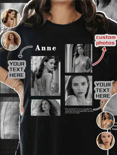 Camisetas holgadas personalizadas con texto y gráficos personalizados; Atuendos personalizados para fiestas familiares/de grupo; Personaliza tu texto y fotos/parejas/familia/mascotas/amigos para fotos de festivales de música; Ropa de otoño, blusas de otoño, blusas de mujer, ropa de mujer de otoño, blusas negras; Regalos para fiestas, regalos del Día de San Valentín, regalos de aniversario, regalos de boda, regalos para mejores amigos; Ropa de mujer para festivales de música.