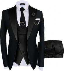 Tuxedo For Men 3 Piece Men's Suits Slim Fit Mens Suit Double Breasted Tux Blazer Vest Pants Wedding Suits Man - 黑色 - 查看 1