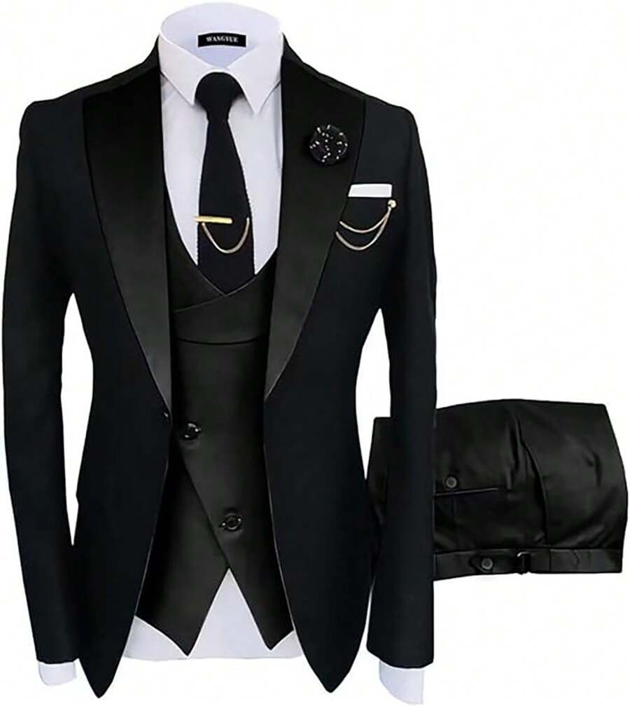 Tuxedo For Men 3 Piece Men's Suits Slim Fit Mens Suit Double Breasted Tux Blazer Vest Pants Wedding Suits Man - 黑色 - 查看 1