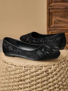 WHDXY 1 Paar Damen bestickte Flache Schuhe mit weicher Sohle und quadratischer Zehenform, bequeme Arbeitsschuhe, klassische französische Mary Jane-Stil, geeignet für alle Jahreszeiten - Schwarz - Übersicht 4