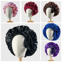 1 件纯色丝带蝴蝶结仿丝睡帽，柔软帽，适合美容、化妆和护发 - 查看 4