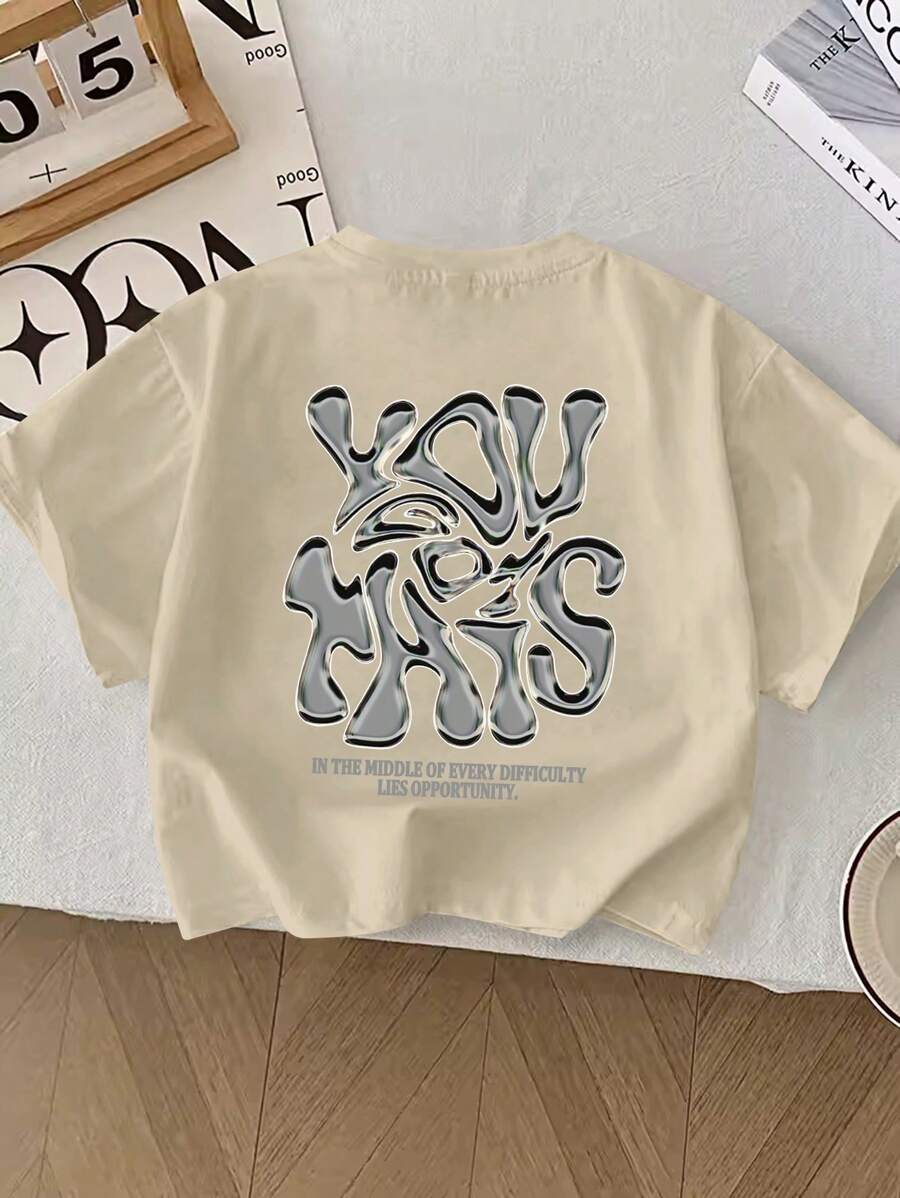Boys' Summer Short Sleeve T-Shirt, Fashion Casual, Featuring 3D Liquid Letter Print And Round Neck Design - Khaki - View 1