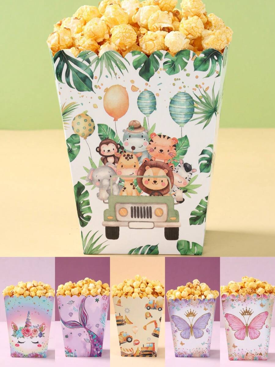 10 cajas de palomitas de maíz con temática de dibujos animados, caja de bocadillos, caja de almacenamiento de dulces que incluye animales de la jungla, vehículos de ingeniería, unicornio, mariposa y sirena, recipientes de comida desechables, caja para hornear galletas, caja de golosinas, suministros para la noche de cine familiar, vajilla desechable, animales de la jungla, vehículos de ingeniería, unicornio, mariposa y sirena, decoración de fiesta, caja de regalos de fiesta, suministros para fiesta de cumpleaños, suministros para fiesta de jungla, decoración de fiesta bajo el mar - Multicolor - Ver 1