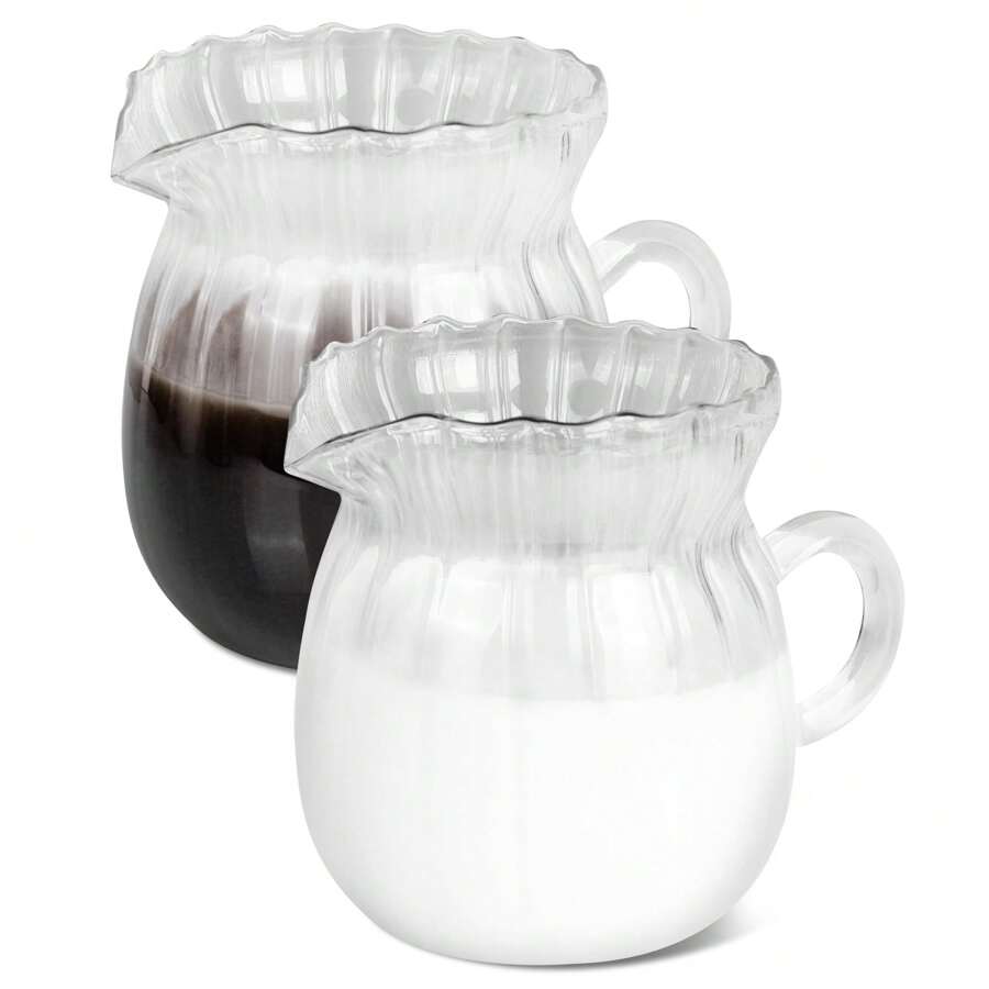 2 Pcs Creamer Pitcher, Elegant Wave Shaped Glass Creamer Pitcher, Coffee Milk Creamer Pitcher, Glass Tea Pitcher, Serving Milk Frothing Pitcher, Milk Frother Cup Creamer Jug For Kitchen,13 Oz