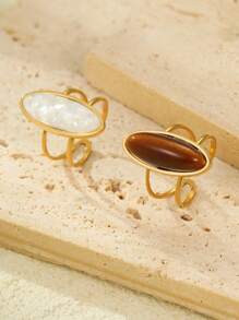 2pcs Stainless Steel Gold-Tone Open Ring Set With White And Tiger Eye Stone Gems, Suitable For Women Jewelry Or Gifting - Yellow Gold - View 2