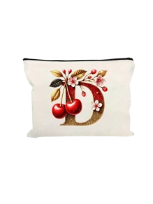 Witte make-uptas van polyestervezel, kleine witte tas, glanzend gouden kersenrode letters A-Z bedrukt patroon, make-uptas, draagbare toilettas, Moederdagcadeau, perfect cadeau voor moeders, herbruikbare make-uptas, eenvoudige grote capaciteit reismake-uptas voor vrouwen, oortelefoon, datakabel, accessoire-opslag, muntzak, multifunctioneel draagbaar cadeau voor vrouwen
