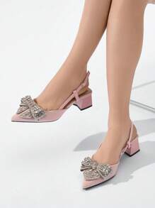 Women's Rhinestone Bow Decor Pointed Toe Slingback Block Heels, Elegant Comfortable Office High Heels Suitable For Weddings, Parties, Formal Events In Autumn/Winter, Velvet Pink Color,Elegant,Women Pumps,Elegant,Party Outfits - Baby Pink - View 5