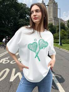棉质女式 T 恤，心形网球拍印花，100% 纯棉，基本款宽松休闲百搭垂坠柔软透气短袖上衣 - 白色 - 查看 2