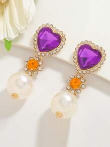 Pendientes de aro con forma de corazón con Rhinestones y perlas falsas, un accesorio de lujo elegante para mujer. Pendientes de Charm francés, accesorios de fiesta y diarios para damas, joyería de moda, regalos para mejores amigas