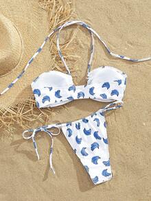 PEPPERMOLLY 全新柔软印花吊带优雅派对比基尼套装，夏季海滩时尚女士泳装，蓝色 - 藍色 - 查看 2