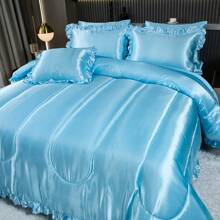 Satin Bed In A Bag 8 Pieces Queen Size Silk Like Black Comforter Set Luxury Silky Bedding Set Soft Lightweight Comforter Set Cooling Sheet Set - 淺藍色 - 查看 3