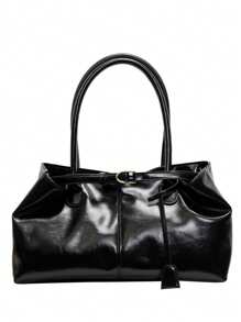 1个女士大容量手提包，PU皮革单肩包，休闲经典简约设计师商务风格包，时尚女士通勤包，黑色、白色、棕色、银色 - 黑色 - 查看 2