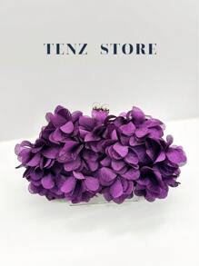 Elegant Purple Floral Petal Satin Evening Clutch Bag – Double Chain Design, Handheld & Crossbody, Perfect For Prom, Weddings, Parties, Cocktail Events, Graduation, And Formal Occasions
