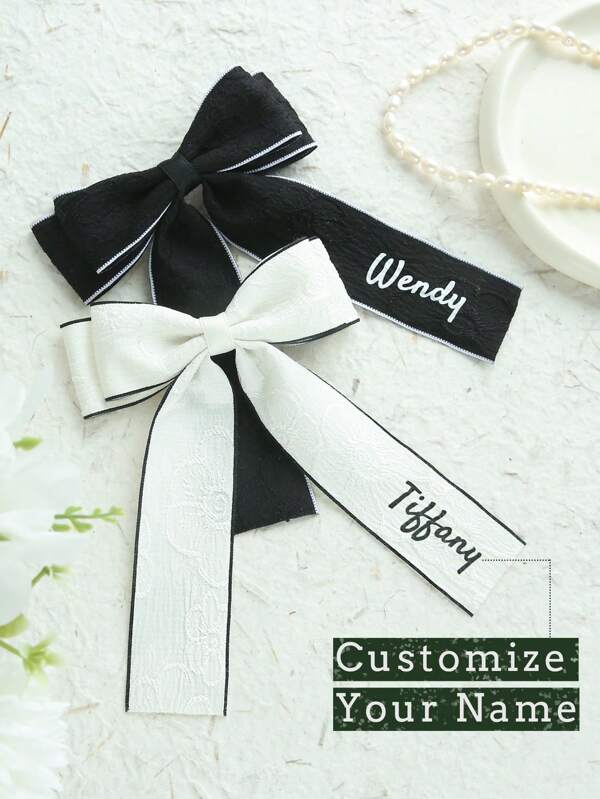 Custom Name Hair Bow Personalized Monogram Jacquard Ribbon Barrette Customized Wedding Hair Accessories Personalisation Chic Jacquard Texture Hair Bow Ribbon Bow Hair Tie Hair Bow Gift For Her Classical Hair Accessories Black White