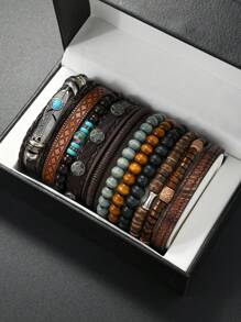 11 pièces Bracelet vintage en turquoise, en PU perles en bois, métal fait main tressé, parure de bijoux de décoration empilable unisexe, sans boîte