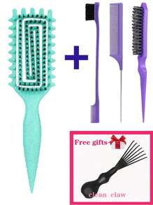 全新卷发造型梳套装，1 件用于定义和塑造卷发 - 适合女性卷发的造型梳，1 件用于梳理发际线的发刷，1 件用于保持发际线光滑的边缘刷，1 件用于造型的尾梳，1 件多功能梳子清洁梳脱毛器（刷子清洁爪作为礼物送给您），由 Candybrush 设计 - 彩色 - 查看 12