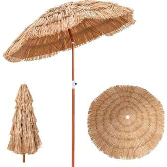 Hawaii parasol 155cm, strooien parasol 30° buigbaar, strandparasol in hoogte verstelbaar, raffia parasol met 8 baleinen & 5 lagen, UV-bescherming, draagbare lamp voor parasol op terras, tafelparasol